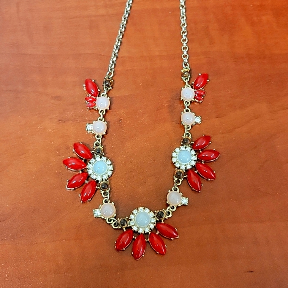 Statement necklace, gold and pink jeweled necklace